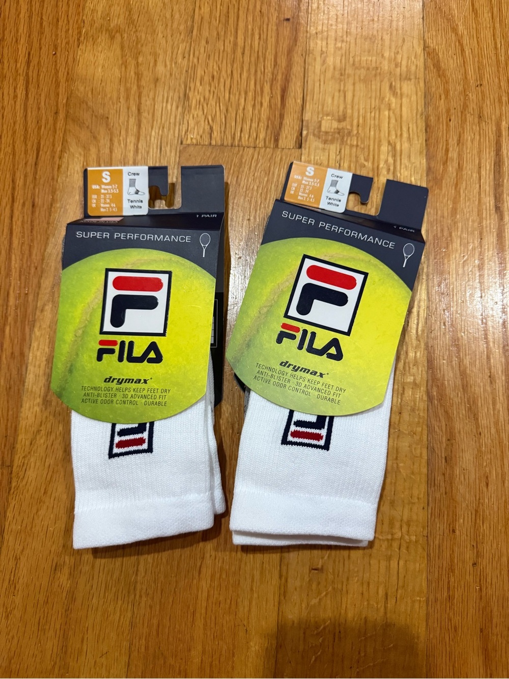 FILA Super Performance Tennis Crew Socks — 2 Pair Bundle, Size S